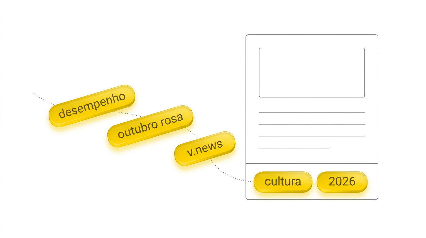 Etiquetas em resina amarela — desempenho, outubro rosa, v.news — ligadas por linha pontilhada a um comunicado desenhado a traço, que já traz as etiquetas cultura e 2026 no pé.