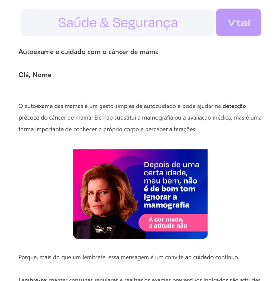 Comunicado de Outubro Rosa da V.tal, com a arte da campanha no meio do texto.