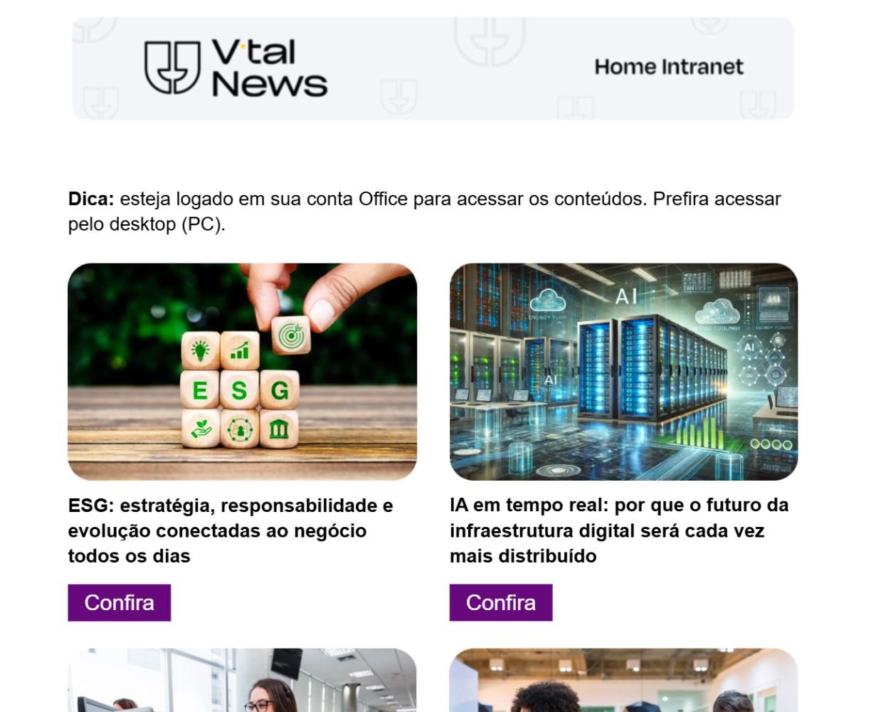 Uma edição da V.News, com o cabeçalho da newsletter e os temas em cartões, cada um com botão próprio.